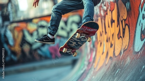 Skateboarder executing dynamic tricks in a vibrant urban landscape adorned with colorful graffiti murals, showcasing street culture and athleticism.
