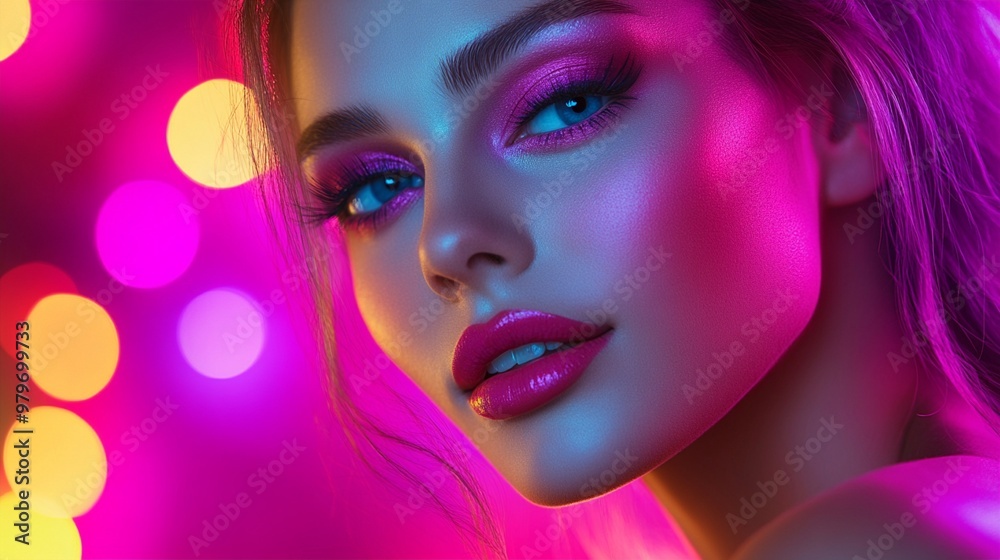 Vibrant neon portrait showcasing intense pink and blue hues, with glowing bokeh lights in the background, highlighting dramatic makeup and alluring gaze. Vibrant neon portrait showcasing intense pink and blue hues, with glowing bokeh lights in the background, highlighting dramatic makeup and alluring gaze.