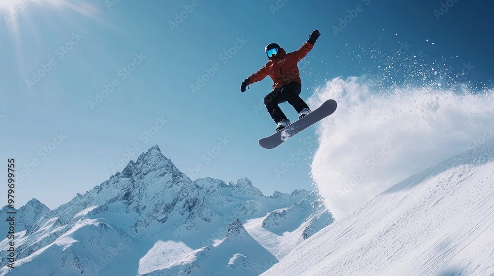 Snowboarder soaring through the air executing a dynamic trick against a backdrop of majestic snow-covered mountains, showcasing the thrill of winter sports and adventure.