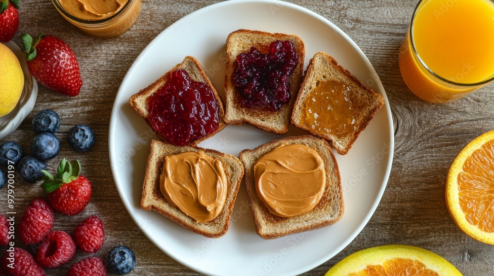 A top-down view of crispy toast served with a variety of spreads--peanut butter, jam, and honey--on a white plate, with fresh fruit and a glass of orange juice nearby. A top-down view of crispy toast served with a variety of spreads--peanut butter, jam, and honey--on a white plate, with fresh fruit and a glass of orange juice nearby.