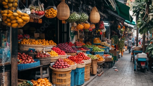 Vibrant Street Market Scene, bustling atmosphere, colorful stalls filled with fresh fruits, aromatic spices, handcrafted local crafts, lively interactions among vendors and shoppers photo