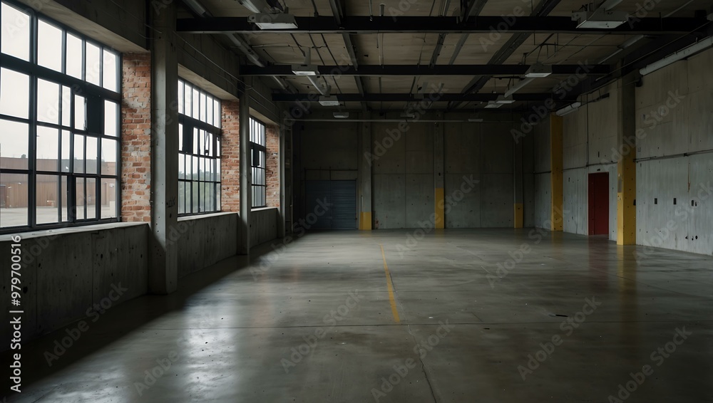 Empty warehouse with polished concrete and expansive floor space. Empty warehouse with polished concrete and expansive floor space.