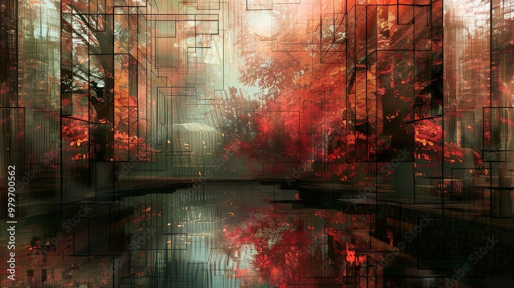 A surreal landscape with red trees and a reflecting pond, framed by abstract geometric shapes. A surreal landscape with red trees and a reflecting pond, framed by abstract geometric shapes.