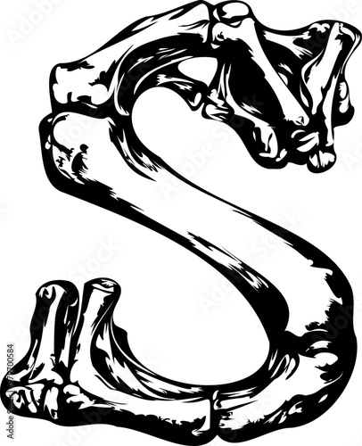 BoneScript Decorative Alphabet letter S with Hand-Drawn Bone Lettering for Halloween and Gothic design. 