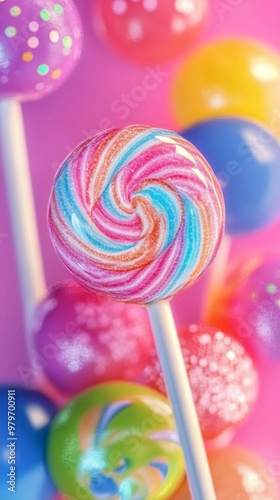 Vibrant swirled lollipop in pastel pink, blue, and white takes center stage among colorful candy assortment, creating a whimsical, sugar-coated wonderland.