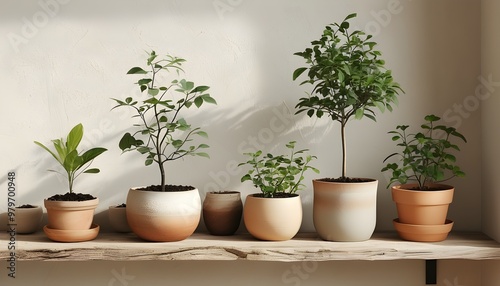 Serene minimalist wooden shelf adorned with potted plants and earthy pottery against a soft neutral backdrop showcasing natural textures