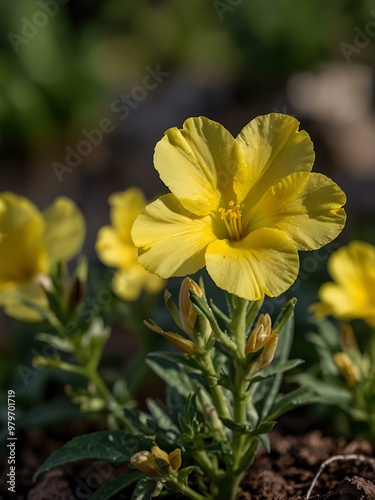 Evening primrose blooming with bright yellow petals.