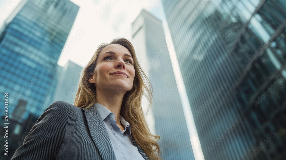 A businesswoman standing confidently in front of a skyscraper. A businesswoman standing confidently in front of a skyscraper.