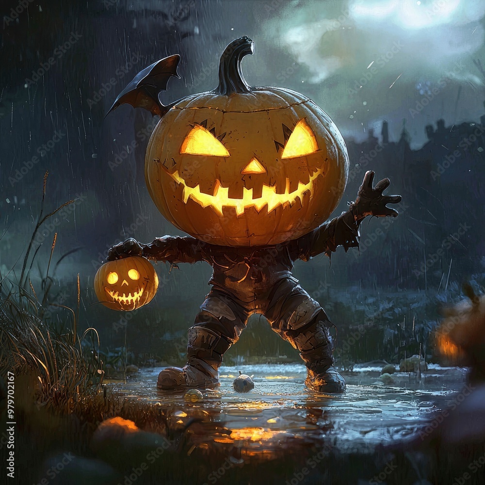 Obraz premium Jack-o'-Lantern Trick or Treater in Rainy Night