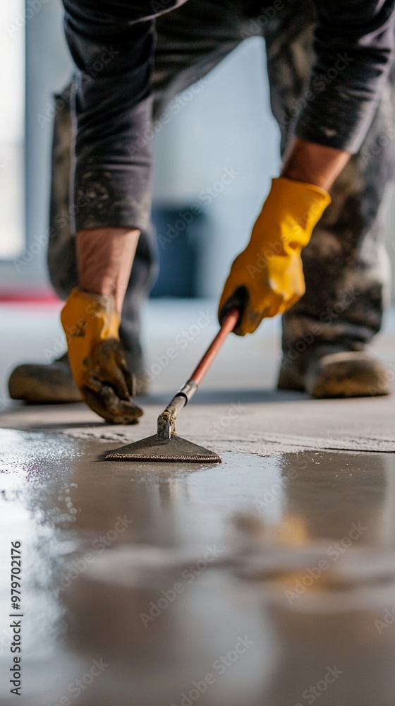 Worker in protective gear applying epoxy flooring with a trowel, showcasing precision in industrial floor coating process and attention to detail. Worker in protective gear applying epoxy flooring with a trowel, showcasing precision in industrial floor coating process and attention to detail.