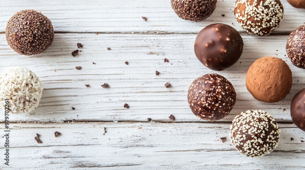 Assorted chocolate truffles with various toppings scattered on rustic white wooden background, creating a tempting and indulgent dessert scene for food lovers. Assorted chocolate truffles with various toppings scattered on rustic white wooden background, creating a tempting and indulgent dessert scene for food lovers.