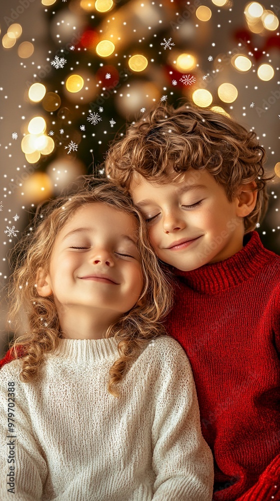 Festive portrait of two young children with curly hair embracing, eyes closed with joyful smiles, against a warm background of blurred Christmas lights. Festive portrait of two young children with curly hair embracing, eyes closed with joyful smiles, against a warm background of blurred Christmas lights.