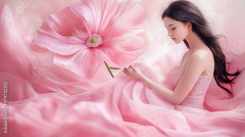 Graceful Woman in a Dreamy Pink Scene Holding a Giant Flower, Capturing a Serene and Delicate Feminine Beauty.