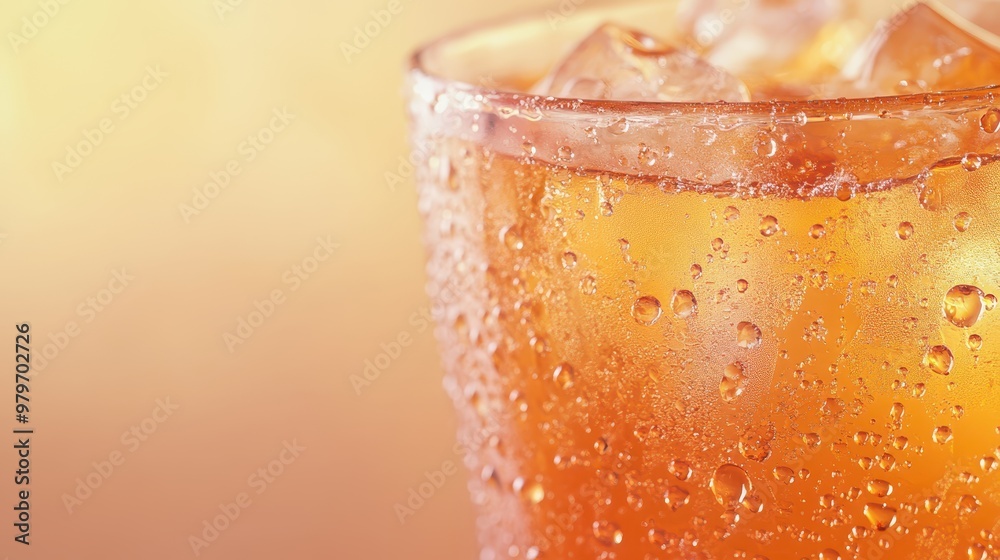Clear cup of iced juice soda with droplets, placed against a cool, modern background