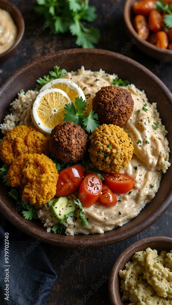 Falafel bowl with tahini and hummus. Falafel bowl with tahini and hummus.