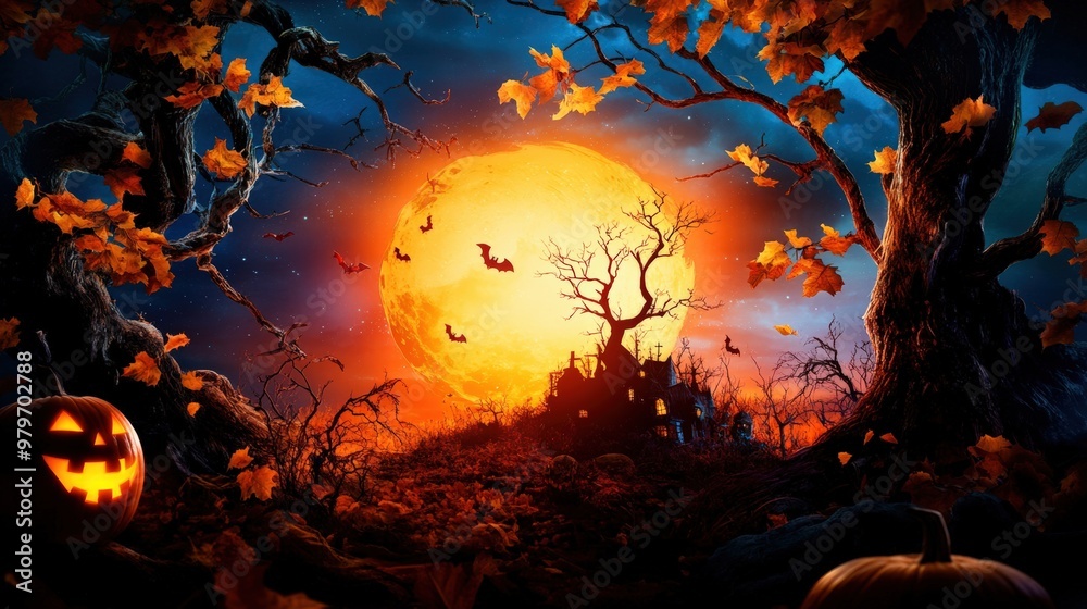 A Halloween scene with a large orange moon and bats flying around it A Halloween scene with a large orange moon and bats flying around it