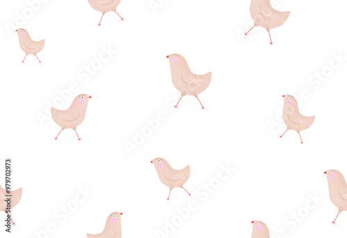 Seamless Vector Pattern with Running Chickens. Cute Hen and Little Chickens. Hand Drawn Nursery Endless Print with Beige Birds on a White Backgrounds. Farm Animal Print ideal for Fabric, Textile.