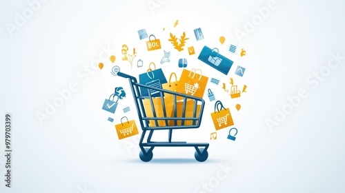 A colorful shopping cart filled with various shopping icons, representing online shopping, discount offers, and consumer culture.