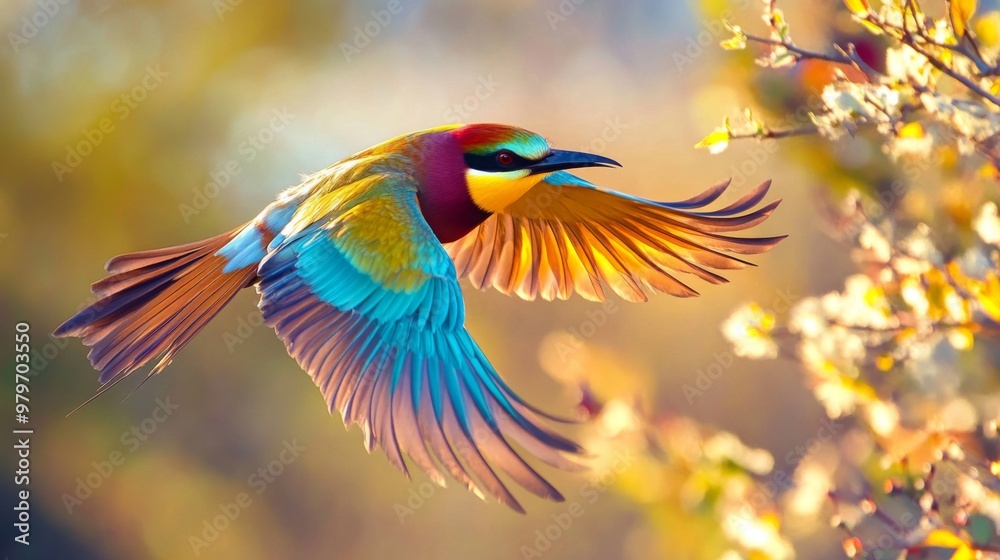 Obraz premium A vibrant image of a colorful bird in flight, with its vivid feathers contrasting against a natural backdrop, highlighting the beauty and vividness of the bird.