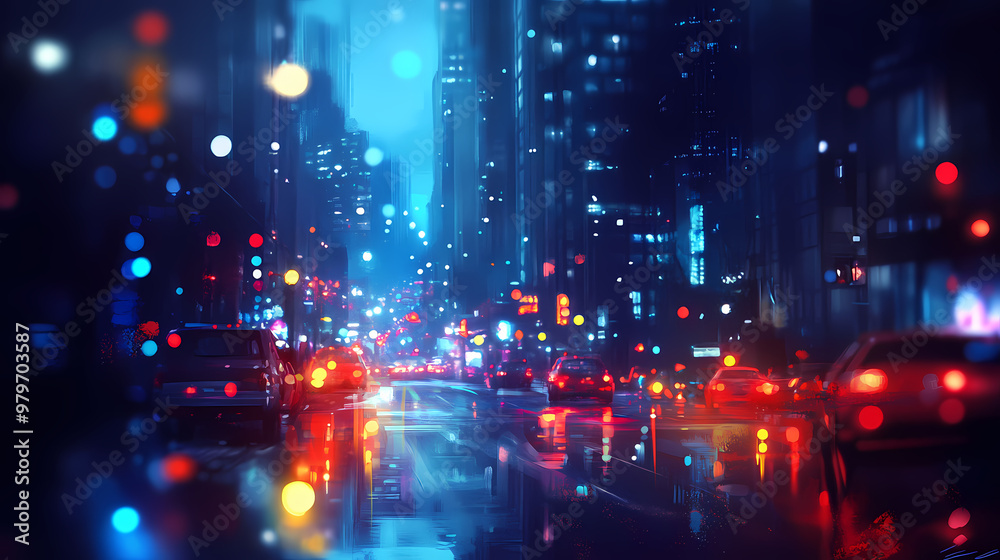 Cityscape at night with illuminated streets, strobe lights, a moody atmosphere, and bokeh effect. Strobe Effect. Illustration Cityscape at night with illuminated streets, strobe lights, a moody atmosphere, and bokeh effect. Strobe Effect. Illustration