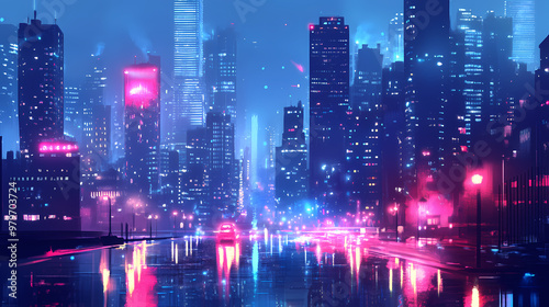 Cityscape at night with illuminated streets, strobe lights, a moody atmosphere, and bokeh effect. Strobe Effect. Illustration