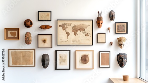 Eclectic gallery wall with framed pressed flowers, vintage maps, and ethnic masks 