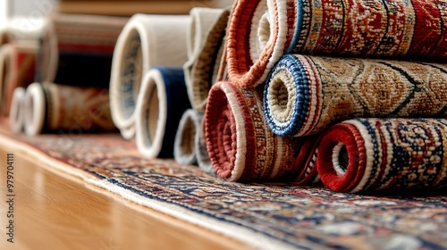 Layered Persian rugs in rich colors and patterns on a wooden floor 
