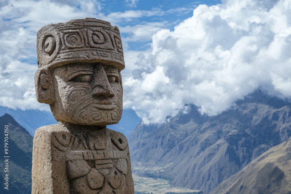 Fototapeta premium Inca Statue Sculpture in Majestic Mountain Landscape and Sky