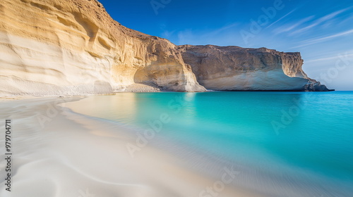 Serene Desert Meets Ocean: Smooth White Dunes, Turquoise Lagoon, Purple Wildflowers, Golden Cliffs, Cyan Sky
