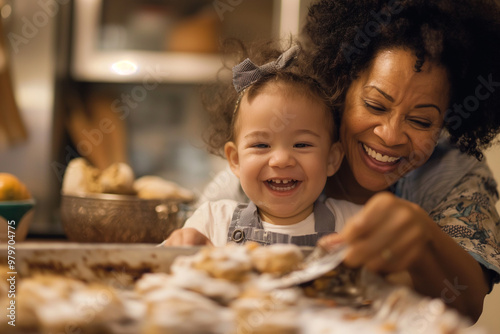 Parent and child baking cookies together