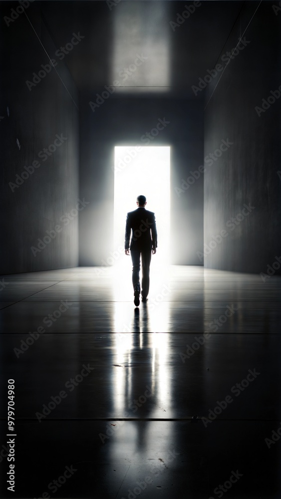 Silhouette of a man standing at an open door with bright light illuminating the dark hallway Silhouette of a man standing at an open door with bright light illuminating the dark hallway