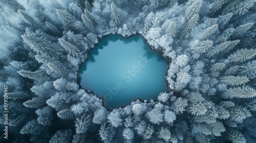 Surreal alpine forest with frosted pastel trees, turquoise lake, silver mountains, circular symmetry, and calming reflection in overhead view, serene and tranquil nature landscape.