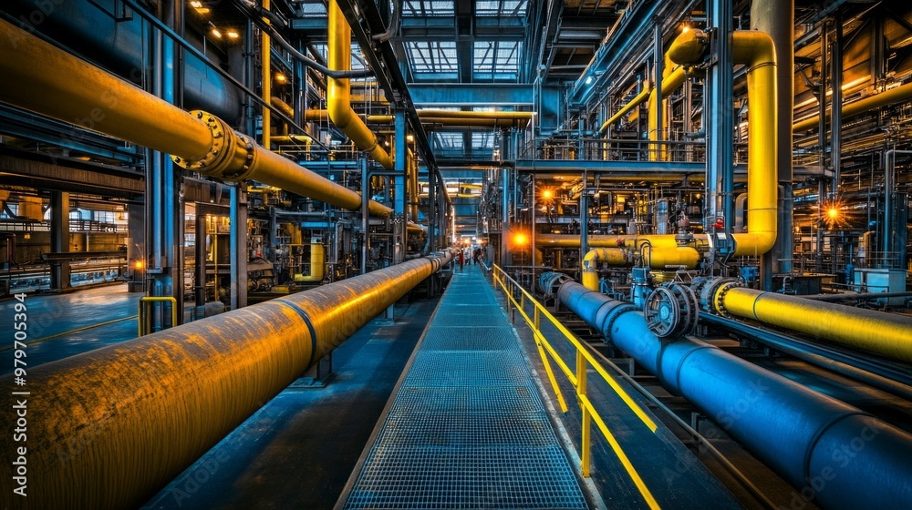 Vibrant Industrial Factory Scene, featuring yellow and blue colors, numerous pipes along walls, machinery operation, gears, tools, steel structures, bright lights, shadows, reflections. Vibrant Industrial Factory Scene, featuring yellow and blue colors, numerous pipes along walls, machinery operation, gears, tools, steel structures, bright lights, shadows, reflections.
