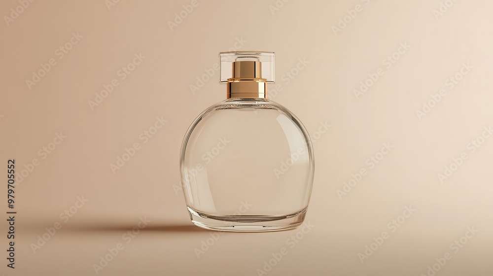 Clear glass perfume bottle with gold cap, elegant and simple, solid color background, front view, high-resolution Clear glass perfume bottle with gold cap, elegant and simple, solid color background, front view, high-resolution