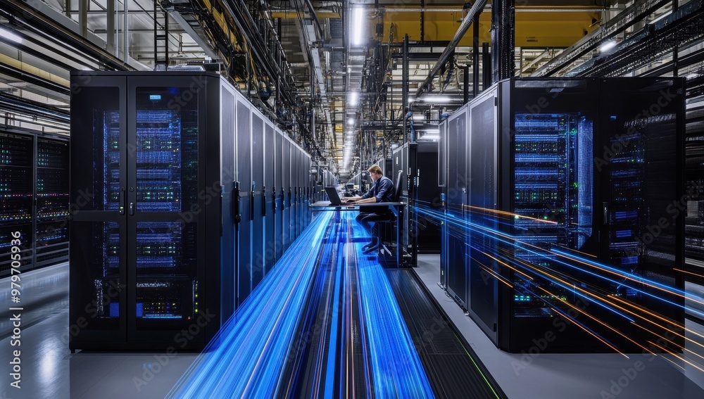 A large data center with rows of black and blue server cabinets, one ...