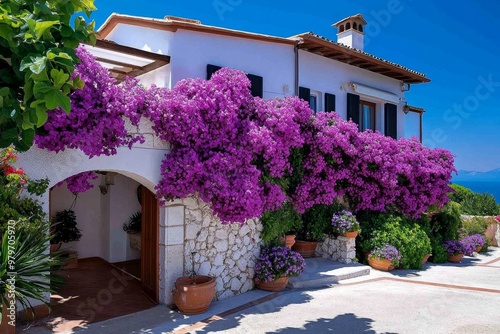 Bougainvillea climbing up a traditional villa in southern Italy, creating a cascade of pink and purple flowers