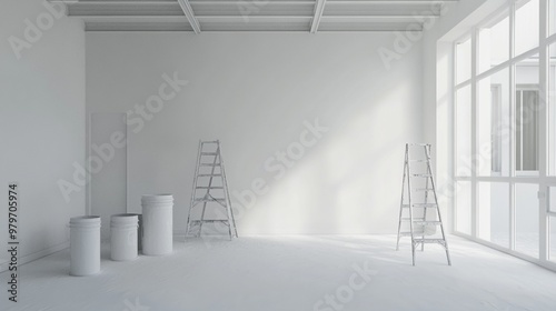 Minimalist white interior with ladders and cylindrical objects, bathed in soft natural light from large windows, creating a serene and spacious atmosphere.