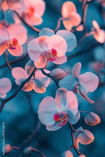 A close up of a bunch of white and pink flowers. The flowers are arranged in a way that they look like they are floating in the air. The image has a serene and calming mood photo