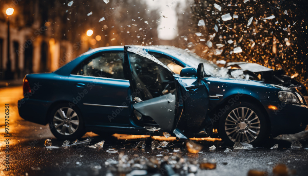 Fototapeta premium The moment two cars collide. Pieces of debris fly in different directions.