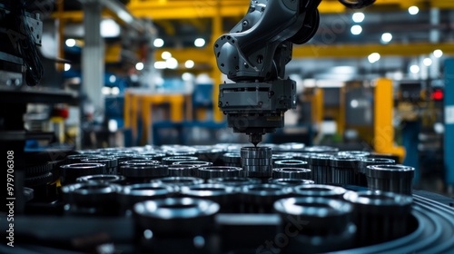 Robotic Arm in Action, showcasing an industrial robotic arm efficiently stacking metal parts onto a conveyor belt in a high-tech manufacturing environment.