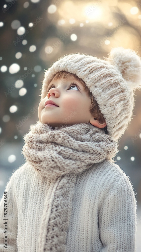 Enchanting winter portrait of a child gazing upward in wonder, bundled in cozy knit wear as soft snowflakes fall gently around them, capturing pure innocence. Enchanting winter portrait of a child gazing upward in wonder, bundled in cozy knit wear as soft snowflakes fall gently around them, capturing pure innocence.