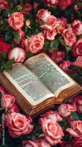 Bible lying on a bed of roses, symbolizing love, faith, and the beauty of God s Word photo