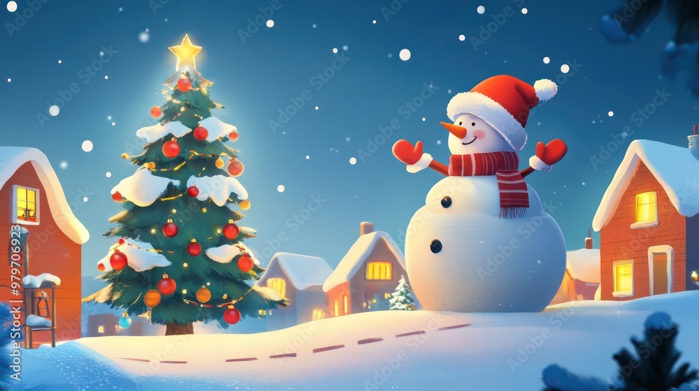 Fototapeta premium A snowman stands in front of a Christmas tree in a snowy town