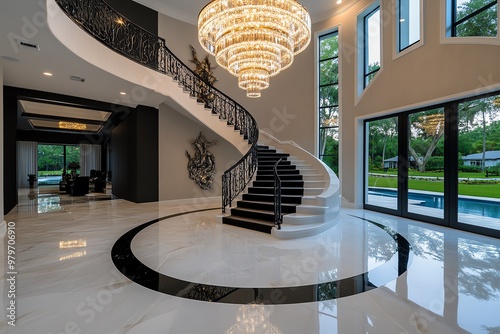 A grand chandelier over a spiral staircase, creating drama and elegance in a luxury home entryway photo