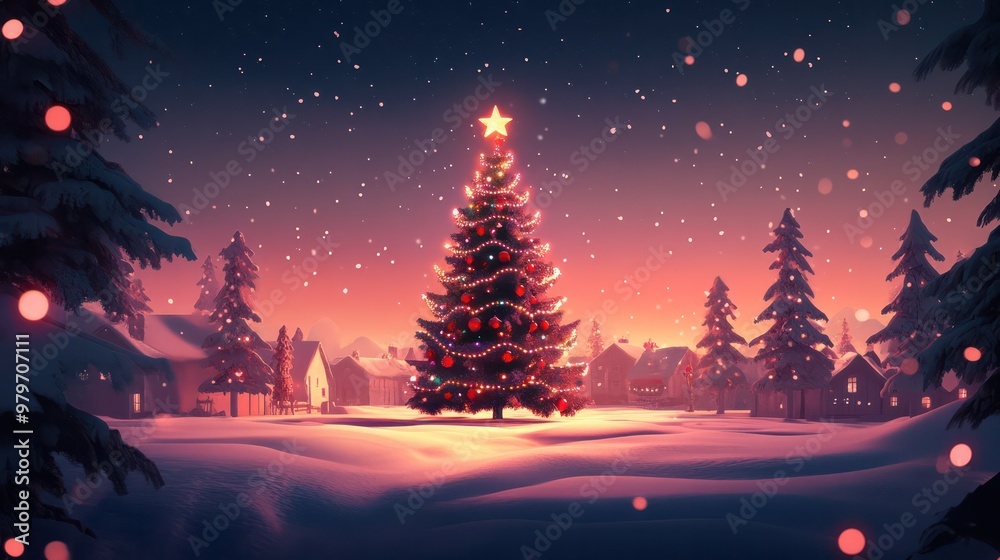 Naklejka premium A Christmas tree is lit up in a snowy field