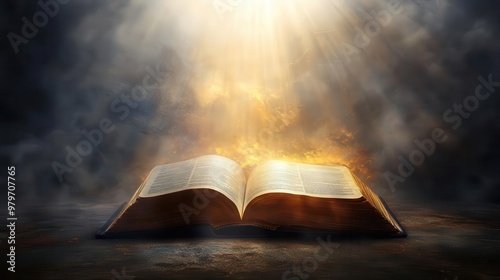 Bible with pages being illuminated by a beam of heavenly light, symbolizing divine revelation photo