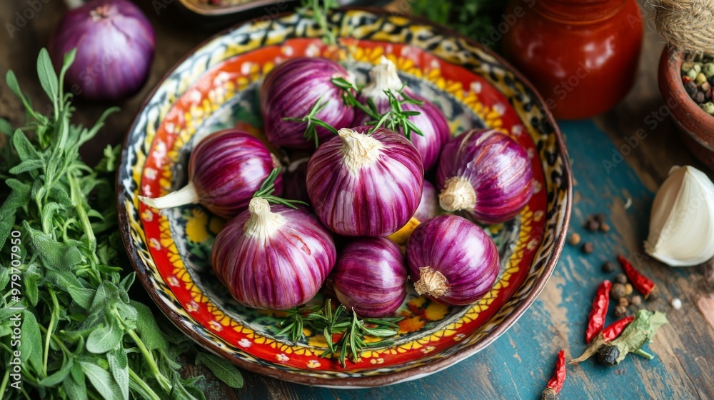 Fototapeta premium A vibrant image of whole bulbs placed on a colorful ceramic dish, with a backdrop of fresh herbs and spices, highlighting their culinary versatility.