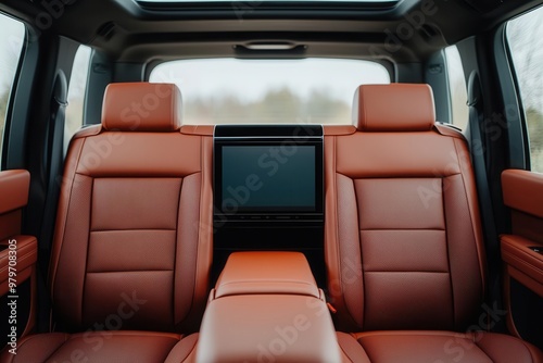 A high-end car interior with a rear-seat entertainment system