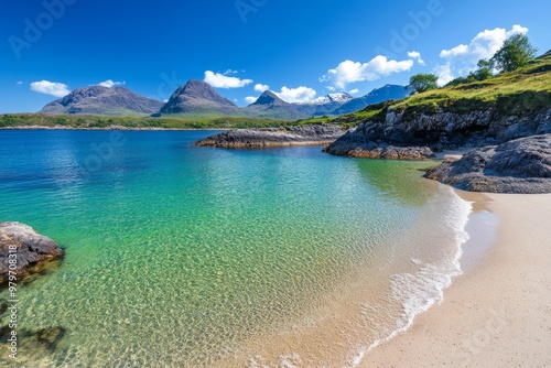 British Isles coastline at Gairloch, with its serene beaches framed by mountains and moorland in Scotland photo