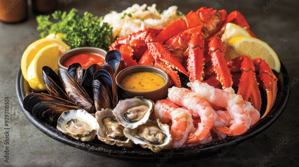 A vibrant seafood platter featuring a variety of fresh items, including shrimp, crab legs, mussels, and oysters, elegantly arranged with lemon wedges and dipping sauces. A vibrant seafood platter featuring a variety of fresh items, including shrimp, crab legs, mussels, and oysters, elegantly arranged with lemon wedges and dipping sauces.